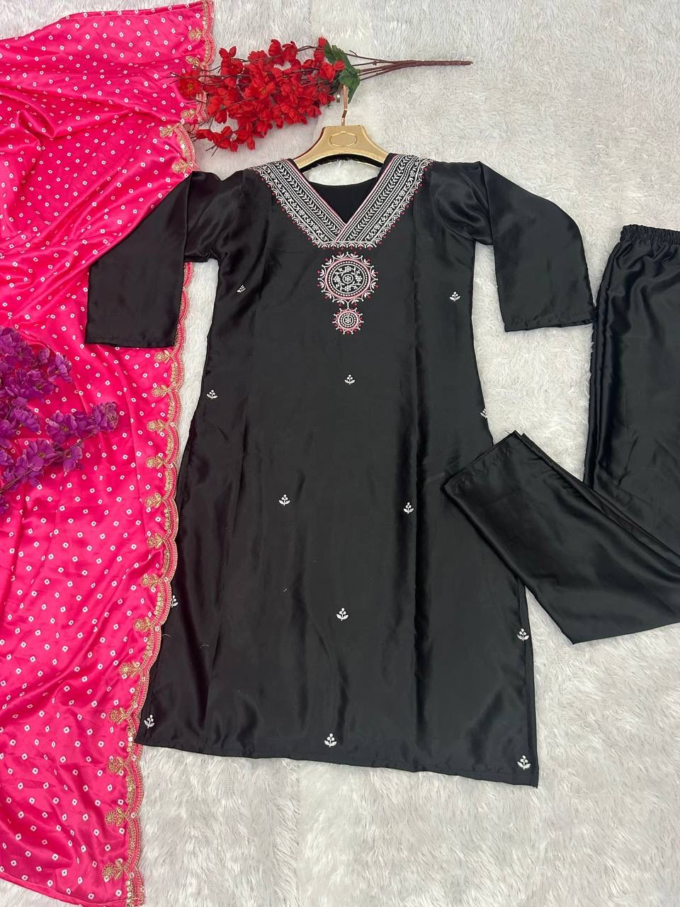 DC G66 Satin Silk Embroidery Kurti With Bottom Dupatta Wholesalers In Surat

